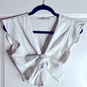 Abercrombie & Fitch Tie Front Linen Blend Ruffle Sleeve Blouse in White sz XS